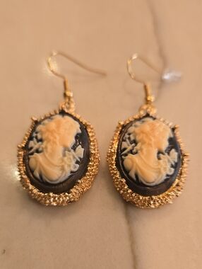 Gold-Tone Black Cameo Dangle Earrings - Matches Pendant